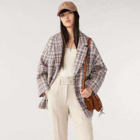 BA&SH Paris Blue Cream & Red Plaid Tweed Oversized Blazer Jacket Timy Short Coat - Picture 14 of 14